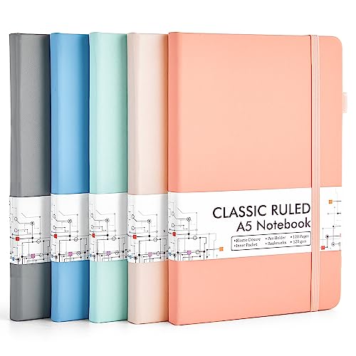 feela 5 Pack Notebooks Journals Bulk, Hardcover Classic Ruled Lined Journals with Pen Holder for Women Girls School Business Supplies, with 5 Black Pens, 120 GSM, 5.1”x8.3”, A5, Mild Colors - color: 5 Mild Colors