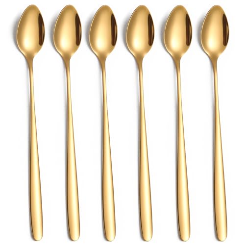 Long Handle Iced Tea Spoon,7.8-Inch Gold Coffee Spoon,Ice Cream Spoon, Stainless Steel TeaSpoons,Cocktail Stirring Spoon,Set of 6 - color: B-Gold Set of 6