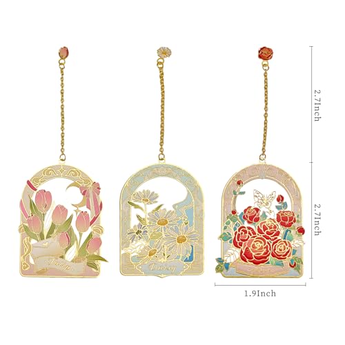 3 PCS Floral Metal Bookmark, Hand-Drawn Pretty Book Marks for Reading Women, Rose, Tulip, Daisy Book Lovers Gifts, - style: Floral Bookmarks