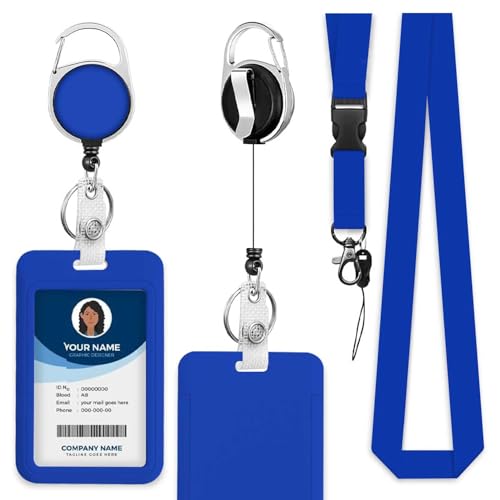 Dark Blue Badge Holder with Retractable Badge Reel Carabiner Clip ID Badge Holder for Workers Events Schools - color: Dark Blue