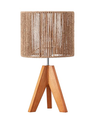 EDISHINE Small Rattan Table Lamp, Wood Tripod Bedside Lamp, 14.2", E26 Base - color: Rosewood Color&Vertical Stripe Shade