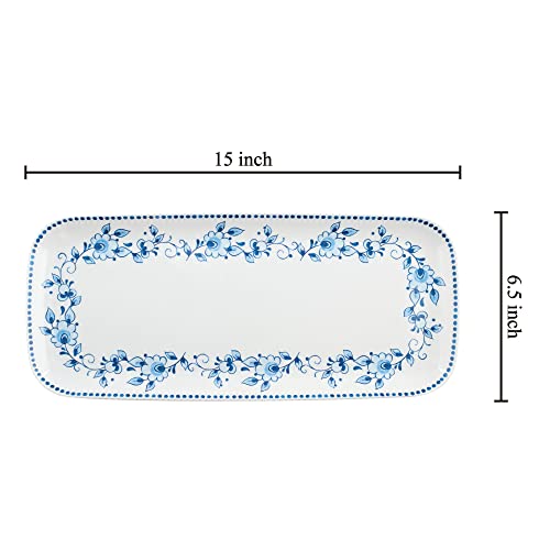 UPware Blue and White Floral Melamine Serving Tray, 15 x 6.5 Inch Rectangular Serving Platter, BPA Free Food Tray for Party Entertaining - color: Blue and White Floral