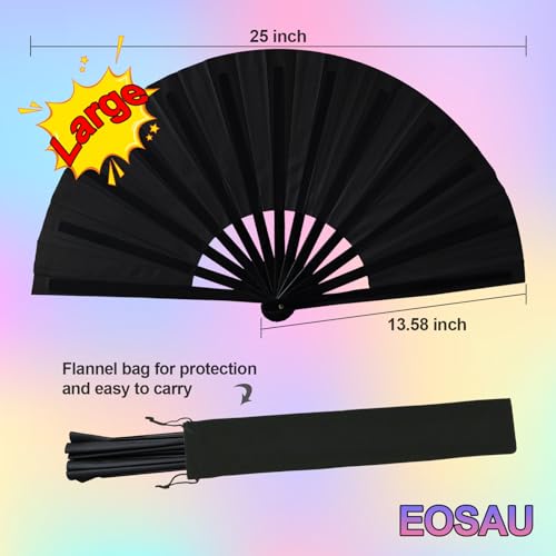 EOSAU Large Rave Fan, Folding Hand Fans for Line Dancing, Black - color: 13" Black 02