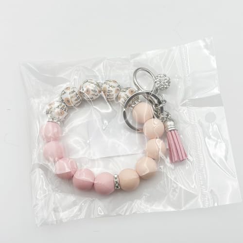 Unpafcxddyig Silicone Bead Keychain Bracelet Wristlet Key Ring - color: Rainbow Pink