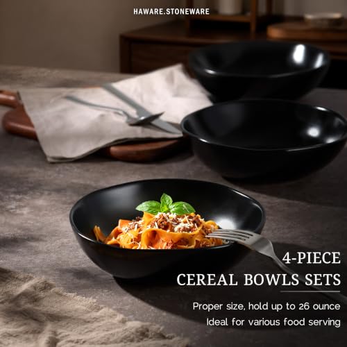 HaWare Cereal Bowls, 26oz Stoneware Serving Bowls Set of 4, for Salad Pasta - color: Matte Black