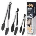 Stainless Steel Kitchen Tongs Set, 3 Pack with Silicone Tips - size: Pack of 3 Black (7", 9" & 12")