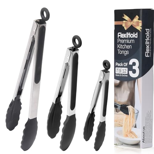 Stainless Steel Kitchen Tongs Set, 3 Pack with Silicone Tips - size: Pack of 3 Black (7", 9" & 12")