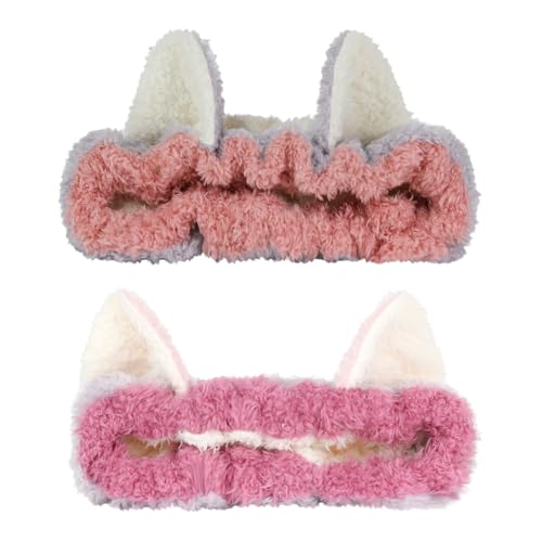 PERFECTSIGHT Kawaii Headband for Spa, Makeup, Washing Face, Party - 2 Pack Cute Hair Band for Shower Beauty Skincare, Soft Facial Headbands for Girls and Women (Contrast Color Ear) - color: Contrast Color Ear