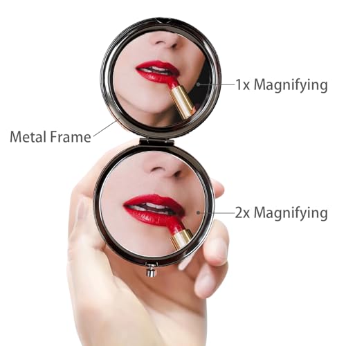 Compact Mirror Round 2.6” Metal Double Sided 1X/2X Engraved Pocket Mirror Gifts for Men (Bk01) - color: Black01