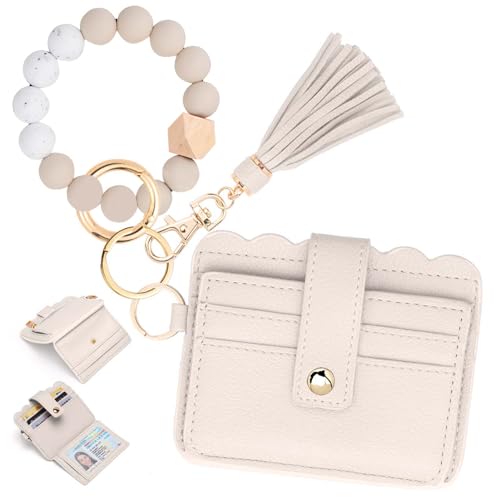 Wristlet Wallet for Women with Keychain – RFID Card Holder Small Wallet Wristlet with Key Ring - color: Beige, style: Classic