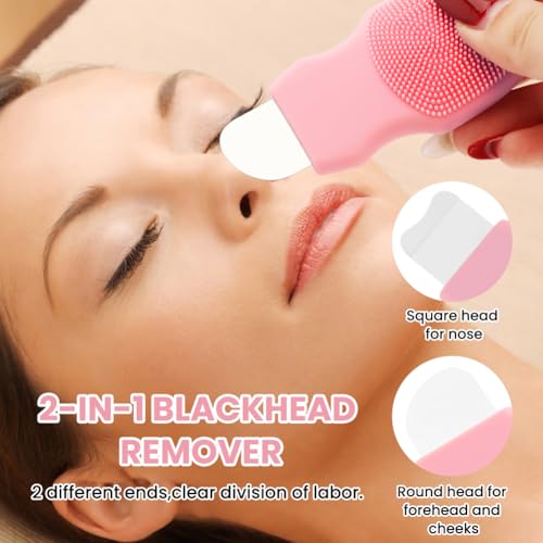 2-in-1 Silicone Face Scrubber & Blackhead Remover Tool, Facial Cleansing Brush with Stainless Steel Skin Spatula, Nose Pore Cleaner, Face Exfoliator for Deep Cleansing, Mask Applicator for Women & Men - color: Pink