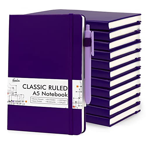 feela 12 Pack Notebooks Journals Bulk, Hardcover Notebook Classic Ruled Journal Set with Pen Holder for School Business Work Travel Writing, with 12 Black Pens, 120 GSM, 5.1”x8.3”, A5, Purple - color: 12 Purple