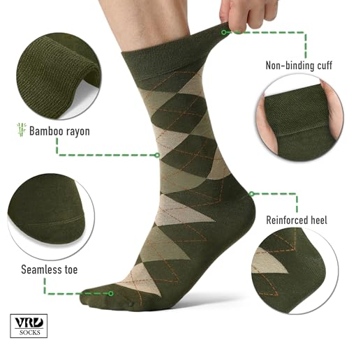 VRD Men's Dress Socks Bamboo Rayon, 5-Pack Crew Socks, Multiple Colors and Designs, Shoe Size 8-13, Gift Box - color: 08: Green, 5-pack Mix (2 Solid, 1 Striped, 1 Dotted, 1 Argyle)