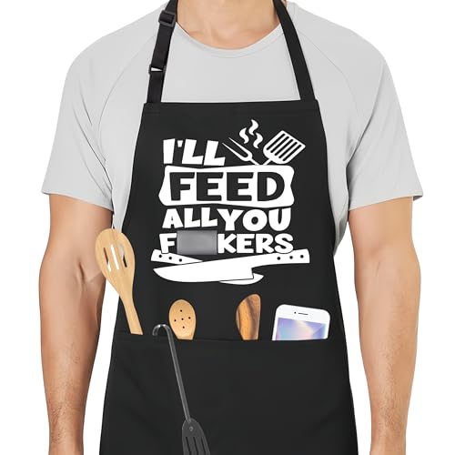 Funny Rude BBQ Aprons for Men with 2 Pockets, Cooking Apron for Dad, Gag Gifts for Men, Adjustable BBQ Grilling Apron for Husband, Chef Kitchen Gifts for Birthday & Father’s Day - A02 - color: I'll Feed All You Fuckers 2
