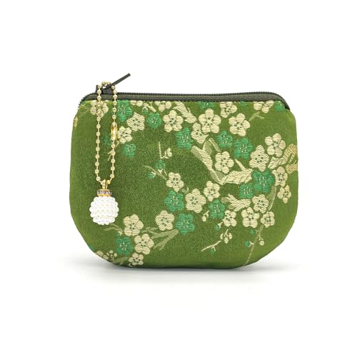Handmade Women Coin Purse Brocade Rosary Bag Silk Jewelry Pouch Zipper Wallet - Green - color: Green