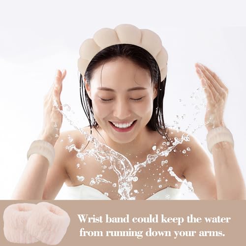 SuPoo 6pcs Khaki Spa Headband Set - Sponge Face and Makeup Headbands, Wristbands, Terry Cloth Hair Ties - Cute Puffy Skincare Gifts for Teens - color: 6pcs-khaki