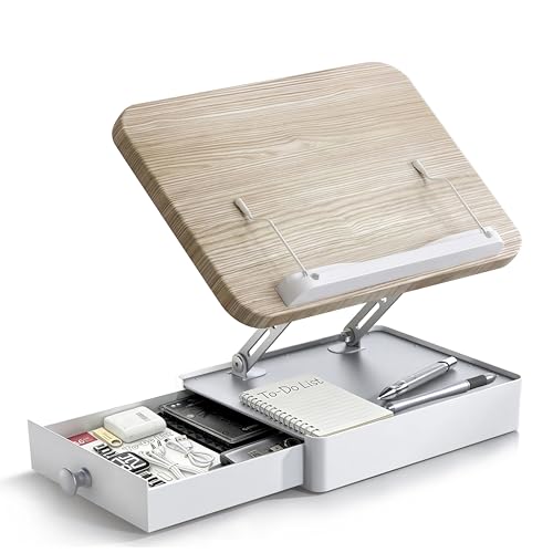 Book Stand with Storage Drawer, Heavy-Duty Adjustable Wooden Reading Stand - color: White Ash Effect, size: 9.8" x 13.8"