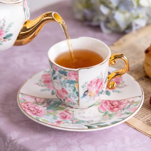 KAMMAK Tea Cups and Saucers Set of 2, 4 oz Porcelain Coffee Cups, YX013 - size: 8CZYX013
