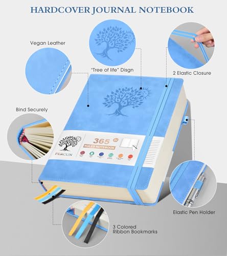 PERCUN A4 Lined Journal Notebook，365 Page Large Leather Journals for Writing Women Men，Hardcover Notebook with 100Gsm Thick Pages for Travel，Work，School，College Ruled, Daily Diary (8.5" x 11.4") - color: Blue, size: A4