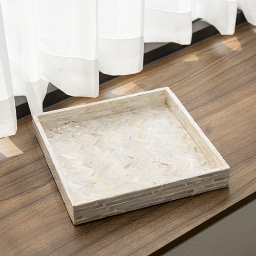 PEMAR 11" Square Mother of Pearl Decorative Tray - Herringbone Shell - color: Creamy White Herringbone