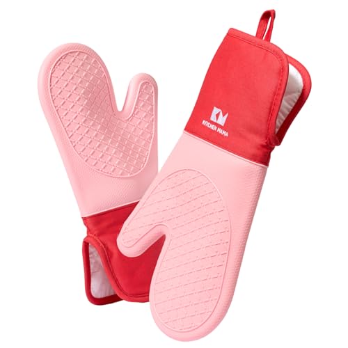 Kitchen Mama UltraShield Silicone Oven Mitts, Red - color: Red