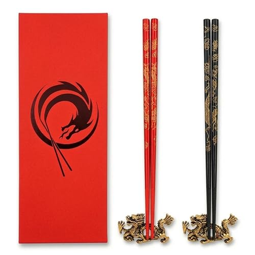Dragon Chinese Chopsticks – Set of 2 Black & Red Wooden Chopsticks Reusable with Golden Engraved Design, Metal Chopstick Holders – Comfortable Grip Chopsticks for Sushi, Rice, Noodles