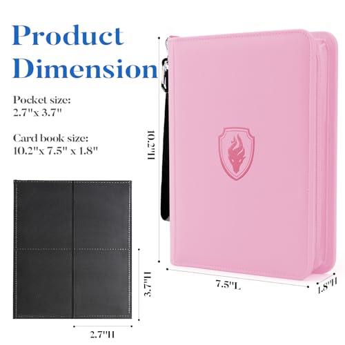 Fabmaker 4 Pocket Zip Card Binder, PU Trading Card Binder for 320 Cards - color: Pink, size: 4 Pocket - 10.2" x 7.5"