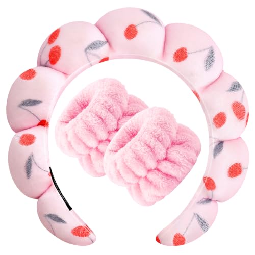 Zkptops Spa Headband for Washing Face Wristband Set Sponge Makeup Skincare Headband Velvet Fabric Bubble Soft Get Ready Hairbands for Women Puffy Headwear Non Slip Thick Thin Hair Accessory (Cherries) - color: ZYC Cherries
