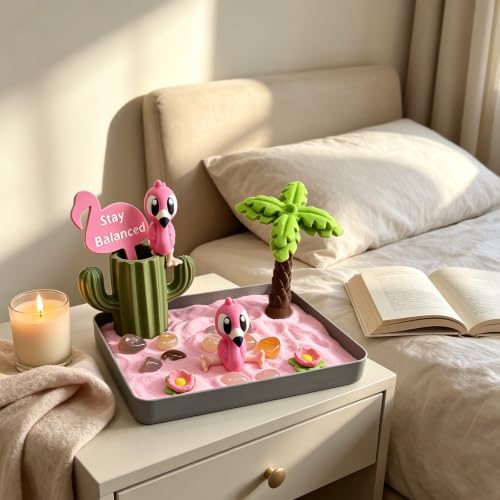 Mini Zen Garden for Desk - Cute Pink Flamingo Decor & Sand Tray Therapy Kit with Cactus Pen Holder. Funny Positive Flamingo Gifts for Women, Relaxing Office Desk Accessories (5.7"x4.1")