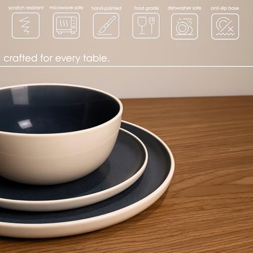20-Piece Ceramic Dinnerware Set, Service for 4 – Ocean Blue Interior and Sand White Exterior, Color Reveal Plates Bowls and Mugs, Microwave Dishwasher Oven Safe - Bellagio