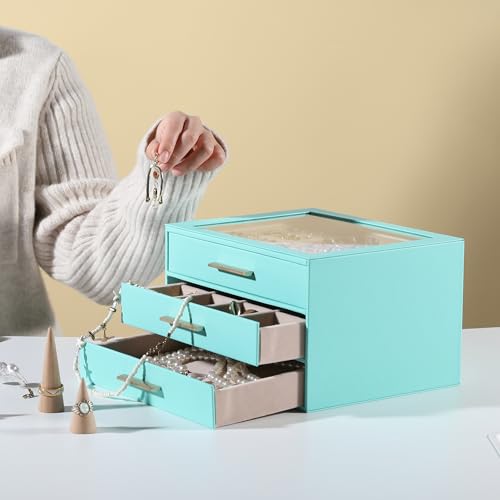 Frebeauty Jewelry Box for Women,Clear Lid Jewelry Organizer with 3 Drawers - color: Turquoise, size: 3 Drawer