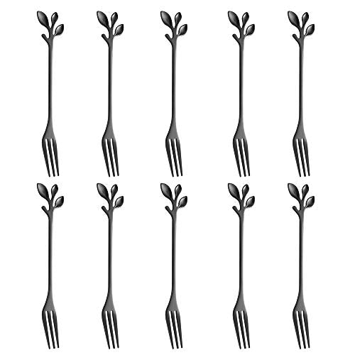 AnSaw 10-Piece Black Leaf Dessert Forks Set - 4.7" Mini Cocktail Forks - color: Black