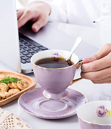 Set of 6 Porcelain Tea Cup and Saucer Set with Golden Handle, Purple - color: Purple