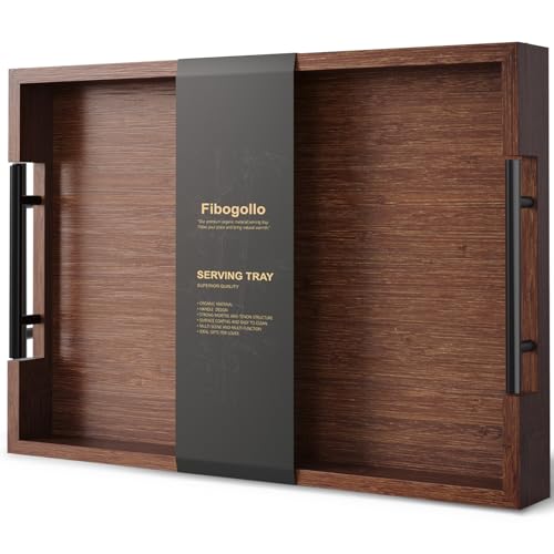 Fibogollo Bamboo Serving Trays with Metal Handles,Large(Brown) - style: Brown-Large