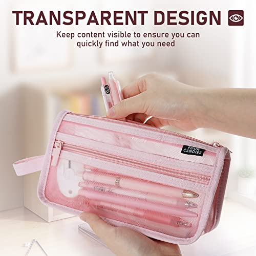 Four Candies Grid Mesh Pencil Case, Clear Double-layer with Handle (Pink) - color: Pink