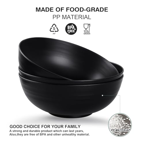 Greentainer Unbreakable Large Salad Bowls, 76 oz Plastic Serving Bowl Set of 6, Lightweight Black Bowl for Soup, Cereal, Fruit, Popcorn, Dishwasher & Microwave Safe - color: Black