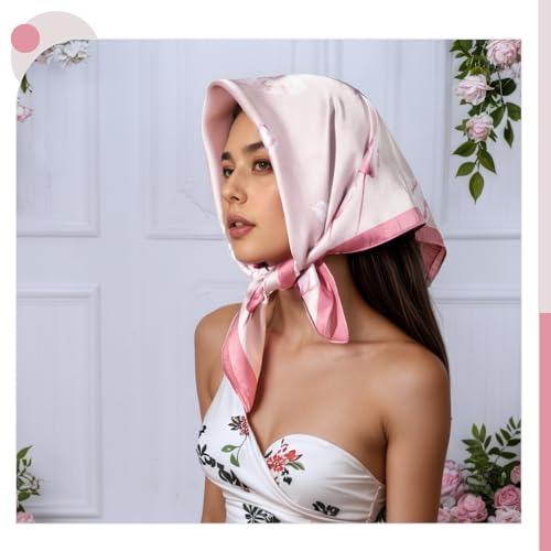 Seawhisper Premium Printed Satin Silk-Like Neck Scarf for Women Square 26" - color: Pink