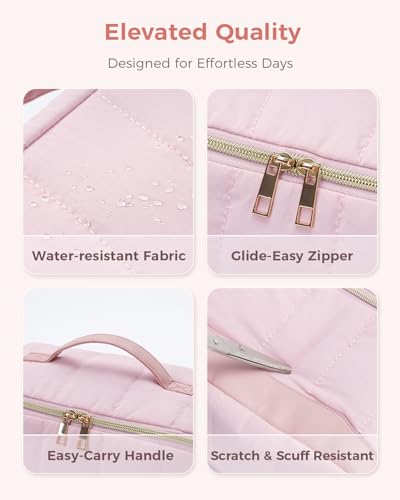 Makeup Bag for Women, Open Flat Puffy Organizer with Wipe-Clean PVC Lining - color: Pink