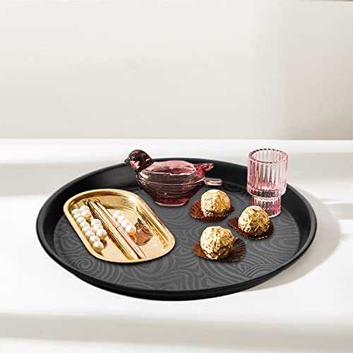 Hacaroa 4 Pack Round Restaurant Serving Trays, 11.5 Inch Plastic Food Service Trays Non-Skid Food Platter for Cafeteria, Bar, Coffee Shop, Hotel, Tailed Lines, Black