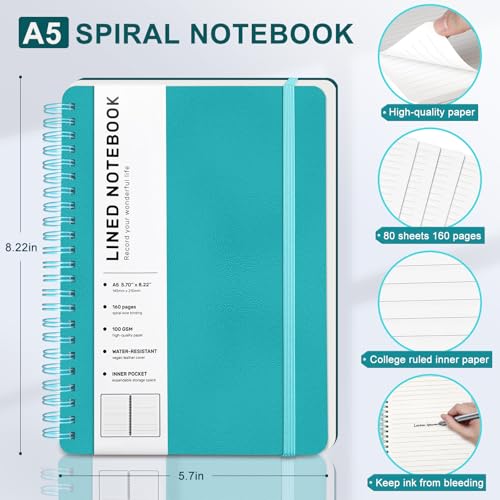 Lined Spiral Journal Notebook, A5 Hardcover Leather Notebook for Work, 5.7''×8.2'', 100GSM Thick Paper Spiral Bound Journaling Notebooks for Women & Men Office School Note Taking Business, Lake Blue - color: Lake Blue, size: A5