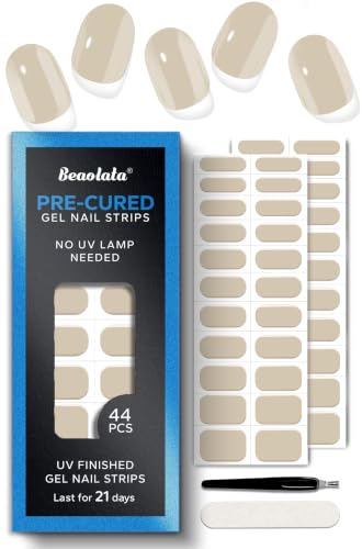 Real Gel Nail Strips (No UV Light Needed) - 44Pcs Salon Quality Nail Stickers - Long Lasting Polish Wraps for Women, Easy Apply & Remove (Nude Oat) - color: Nude Oat