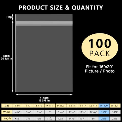 AUEAR 16"x20" Clear Plastic Sleeves Storage Bags for Art,Pictures,100 Pack - size: 16 x 20 inches