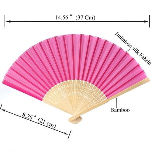 24pcs Imitated Silk Hand Fan Imitated Silk Fabric Bamboo Handheld Folded Fan Bridal Dancing Props Church Wedding Party Favors with Organza Bags (Hot Pink) - color: Hot Pink