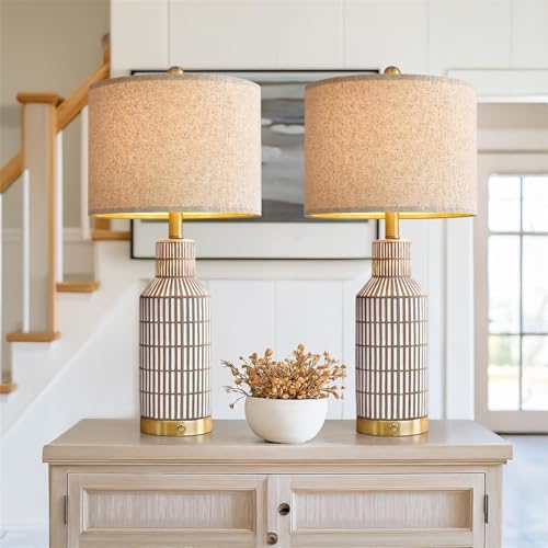 USumkky 25" Modern 3-Way Dimmable Touch Control with USB A+C Ceramic Lamps Set of 2 Table Lamp for Living Room Bedroom Farmhouse Nightstand Bedside Brown - color: Brown