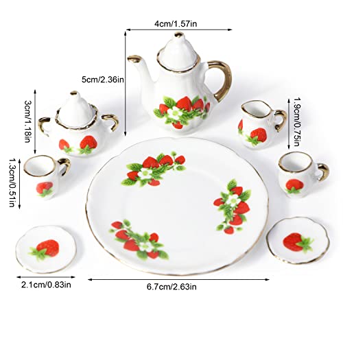 Miniature Tea Set 1/6 Scale Dollhouse Accessories Porcelain, Strawberry - color: Strawberry
