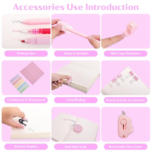 Mini School Supplies Kit, Pink Stapler with Staples and Tape Dispenser Set, Mini Stationary Set Includes Sticky Notes Index Tabs Highlighters Gel Pens for Office & Back to School Supplies - color: Pink