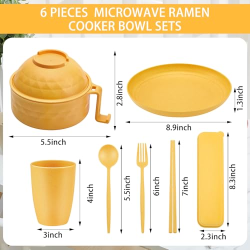 6 Pcs Microwave Ramen Cooker Set 40oz Bowl, Yellow - color: Yellow