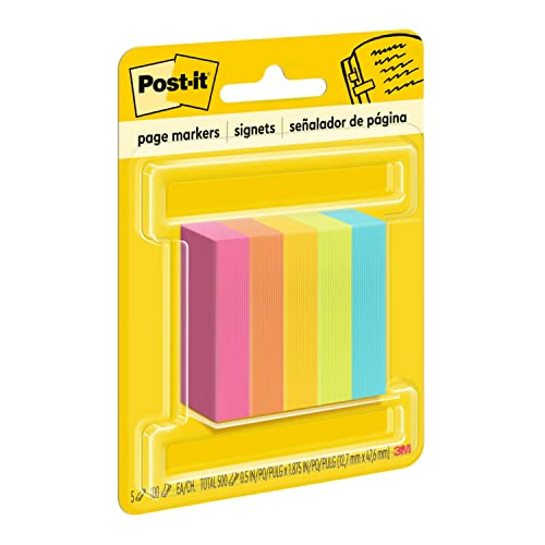 Post-it Page Markers, Assorted Colors, 1/2 in x 2 in, 100 Sheets/Pad, 5 Pads/Pack (670-5AN)