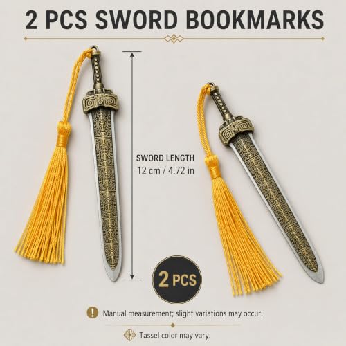 2 Pcs Sword Bookmarks, Vintage Book Marks with Tassels for Men Book Readers