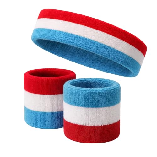COUVER 3 Color Striped Sports Sweatband Set - color: Sky Blue / White / Red